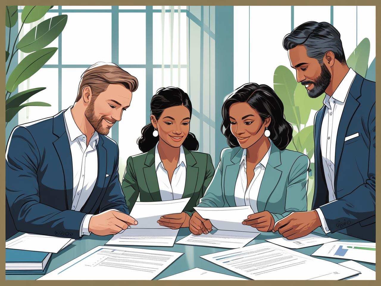 Group of estate lawyers reviewing legal documents together in a bright office setting—illustrating teamwork and real-world tasks tied to the question what do estate lawyers do.